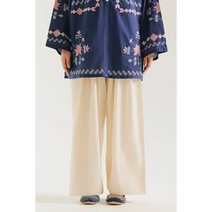Ethnc Casual Womens Cream Wide Leg Pleated Trousers Elastic Waist Pants NWT